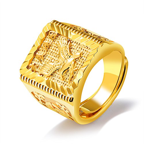 Asma Flying Eagle Gold Plated Copper Chinese Carving Traditional Charm Ring Adjustable for Men/Boys