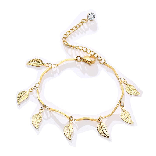 Asma Jewel House Stainless Steel Leaf Gold Color Adjustable Bracelet anklet or Women Girls