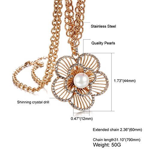 Asma Stainless Steel Rose Gold Plated Flower Design Pearl Long Chain Necklace for Women