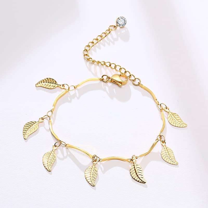 Asma Jewel House Stainless Steel Leaf Gold Color Adjustable Bracelet anklet or Women Girls