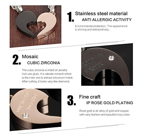 Asma Jewel House Half Heart Puzzle Lovers Pendant Necklace Romantic Black/Gold Plated Stainless Steel CZ Couple Chain with Pendant Set for Men & Women