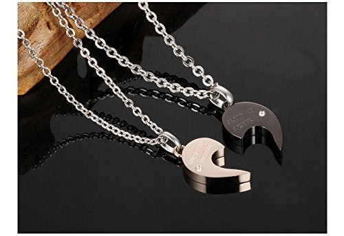 Asma Jewel House Half Heart Puzzle Lovers Pendant Necklace Romantic Black/Gold Plated Stainless Steel CZ Couple Chain with Pendant Set for Men & Women