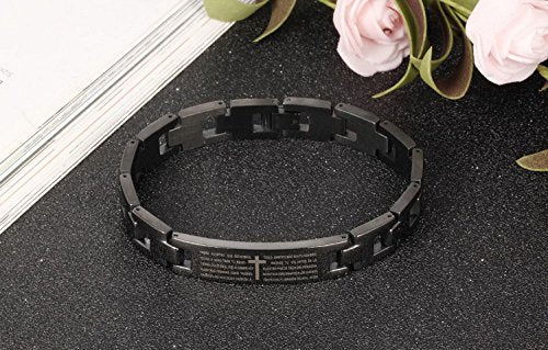 Asma Jewel House Stainless Steel Black Holy Bible Verse Christian Lord's Prayer Cross engraved bracelet for Men/Boys (Spanish)