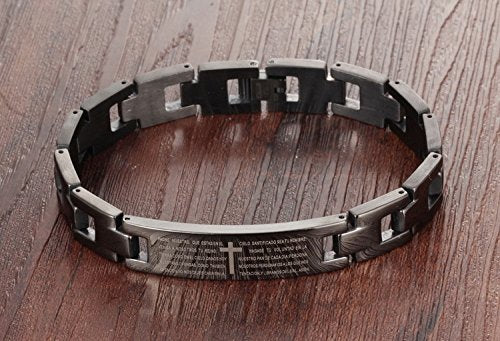 Asma Jewel House Stainless Steel Black Holy Bible Verse Christian Lord's Prayer Cross engraved bracelet for Men/Boys (Spanish)