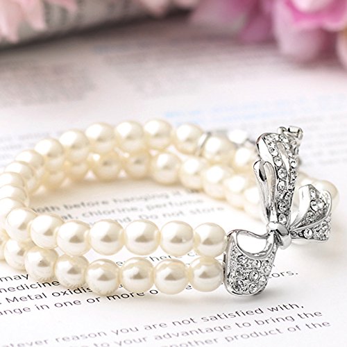 Asma Simulated Pearl Rhinestone Multi Layer Platinum Plated Bracelet for Women