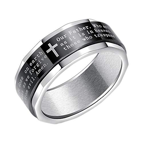 Asma Jewel House Stainless Steel Black Cross Solid Polished Lord's Prayer in English Polygonal Bible Verse Ring for Men/Boys