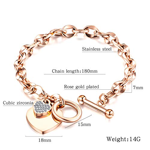 Asma Jewel House Link Rose Gold/Silver Tone Crystal Love Heart Tag Toggle Clasp Designer Charm Stainless Chain Bangle for Women (Rose Gold)