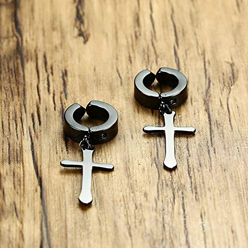 Asma Jewel House Black Cross Punk Hiphop Stainless Steel Dangle Non Pierced Earrings for Men/Boys