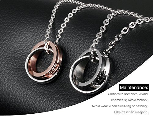 Asma Love ONE Another Double Rings Stainless Steel Zircon Pendant Necklace, Silver/Rose Gold for Couples