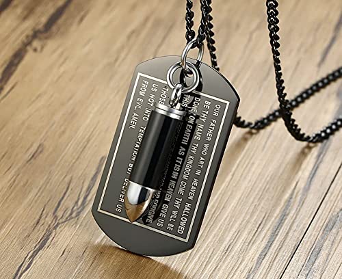 Asma Jewel House Black Stainless Steel 2 in 1 Bible English Verses Engraved Dog Tag Pendant Bullet Ashes Cremation Urn Necklace for Men