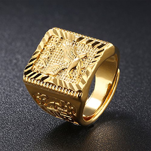 Asma Flying Eagle Gold Plated Copper Chinese Carving Traditional Charm Ring Adjustable for Men/Boys