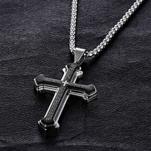 Asma Jewel House Spanish Bible Prayer Stainless Steel Three Layers Cross Pendant Necklace for Men/Boys