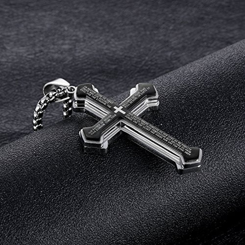 Asma Jewel House Spanish Bible Prayer Stainless Steel Three Layers Cross Pendant Necklace for Men/Boys