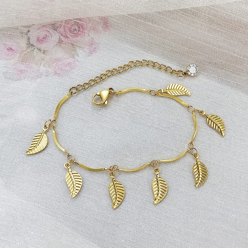 Asma Jewel House Stainless Steel Leaf Gold Color Adjustable Bracelet anklet or Women Girls